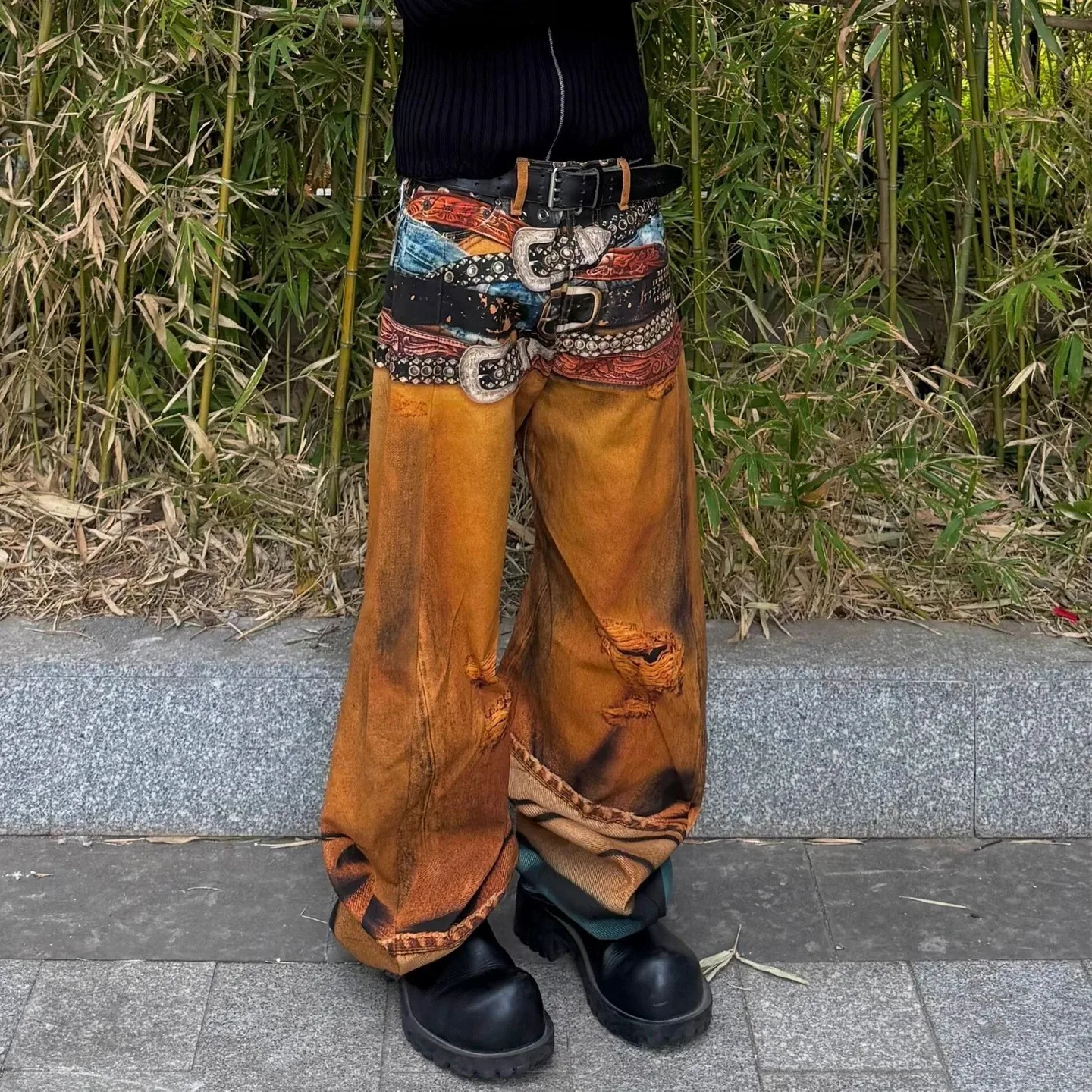 

Джинсы American Sle 25SS с изогнутым ножом и 3D-принтом с несколькими отверстиями на талии, повседневные прямые брюки, эластичные, устойчивые к деформации