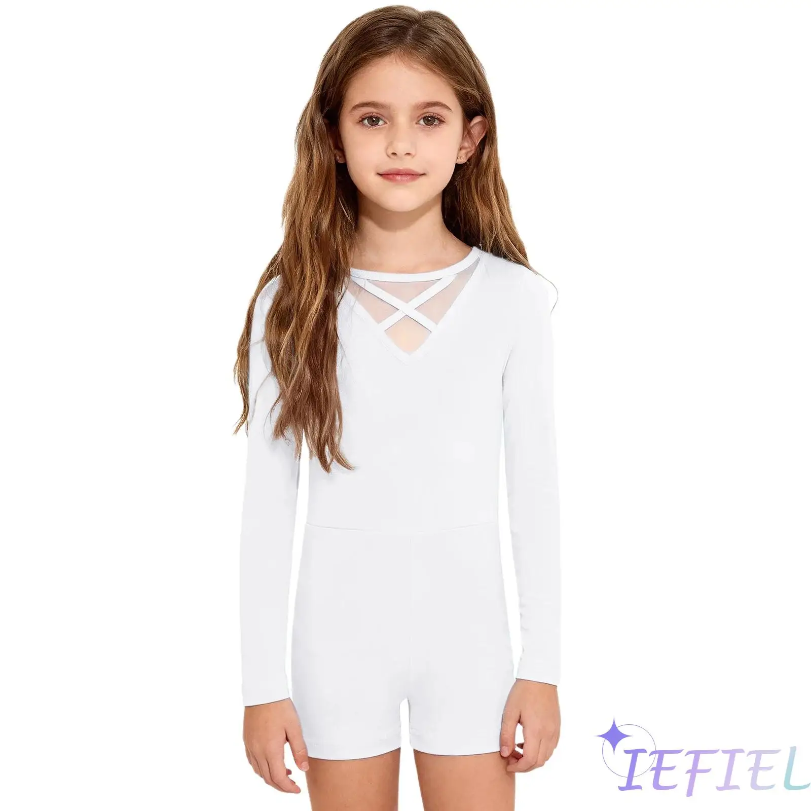 

Girls Ballet Dance Gymnastics Bodysuit Long Sleeves Sheer Mesh Cross Front Back Figure Skating Jumpsuit Lyrical Ballet Dancewear