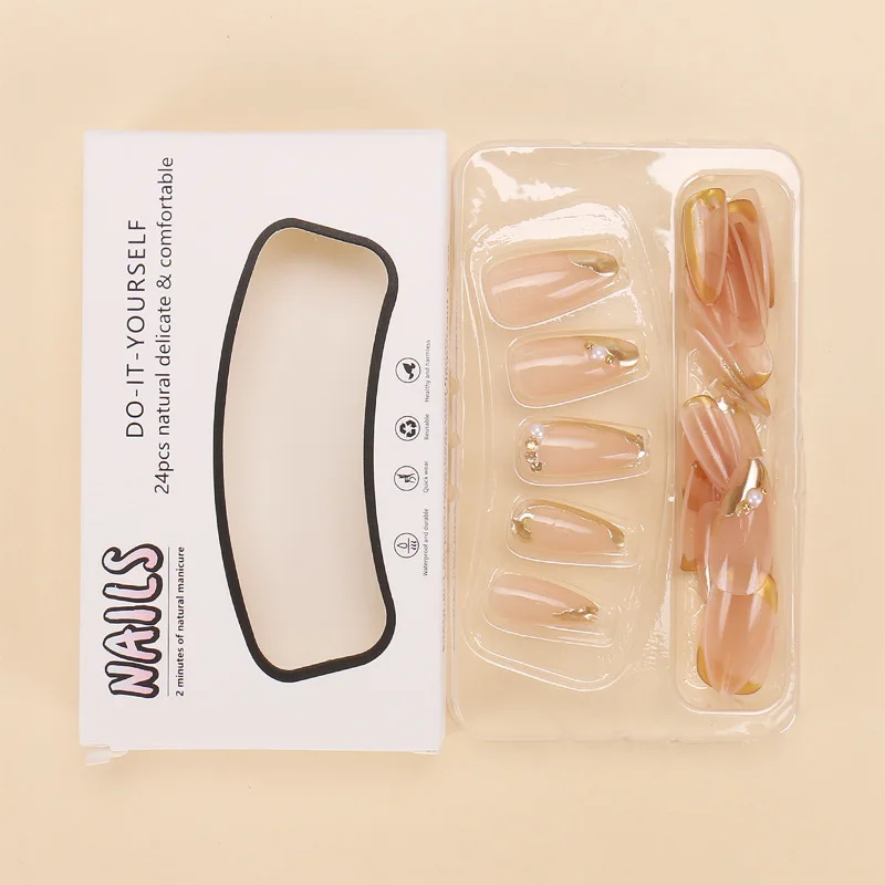 Hot-selling wearing nail foreign trade explosion French gold-plated edge nail art tablets Cross-border Spice Girl fake nail finished 24 pieces