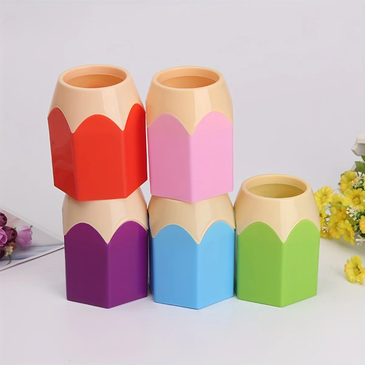 Simple Pencil Shaped Stationery Storage Container, Desktop Student Office Supplies Colorful Plastic Storage Pen Container 1pc
