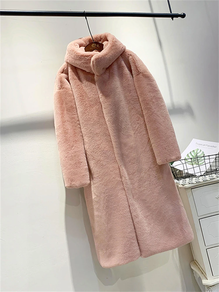 Thicken Winter Faux Rabbit Fur Overcoats Imitate Mink Plush Hooded Coats Korean Women Outerwear Luxury High Quality Furry Jacket