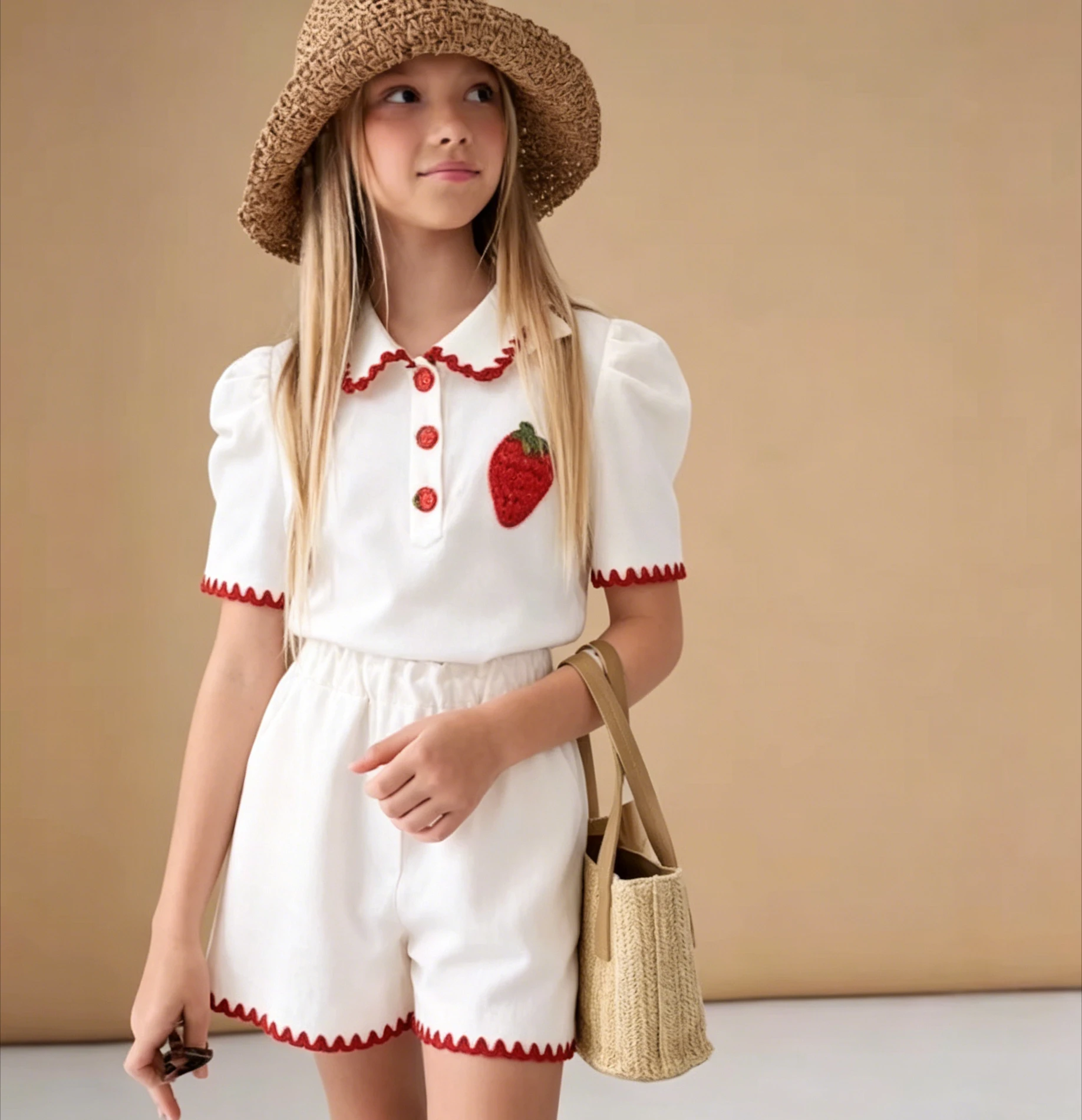 Girls Cute Set Strawberry Turn-down Collar Casual T-shirts 2026 Summer New Baby Girl Stylish Shorts Two Piece Set