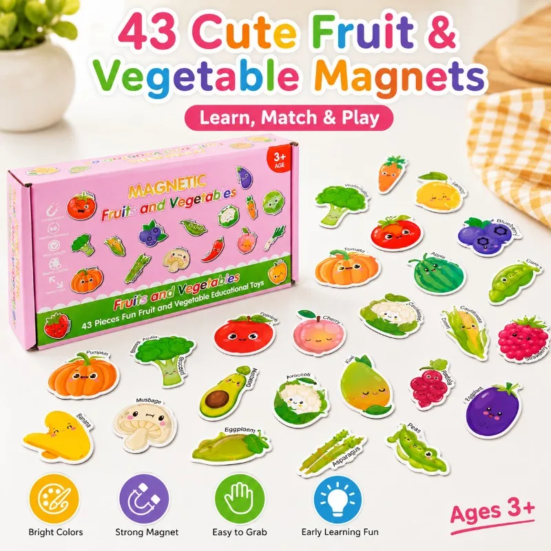 43PCS Magnetic Fruit Vegetable Fridge Magnets for Kids, Cute Preschool Learning Toy, Vocabulary Color Matching Play Activity