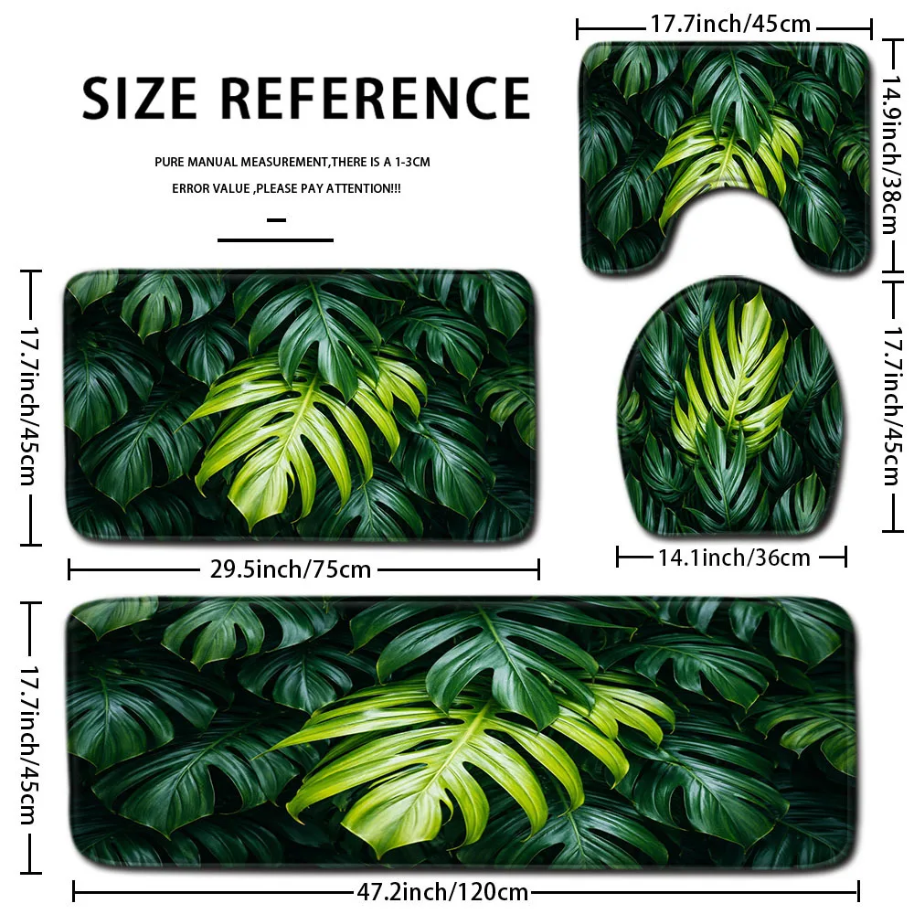 Tropical Leaf Bathroom Mat Set 3 Piece Set for Bath and Toilet Area Home Decor Luxury Green Design