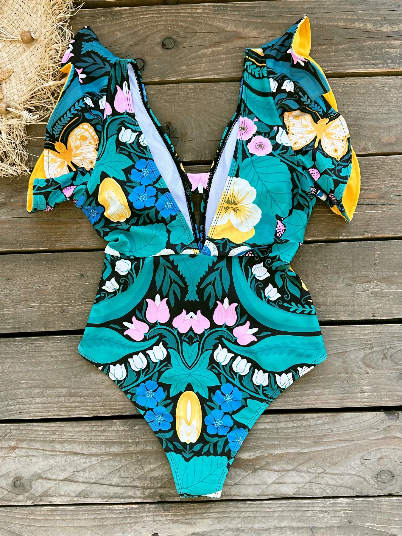Traje de baño de una pieza con estampado de volantes y hombros para mujer, traje de baño Sexy con cuello de pico para mujer, ropa de playa para vacaciones 2025