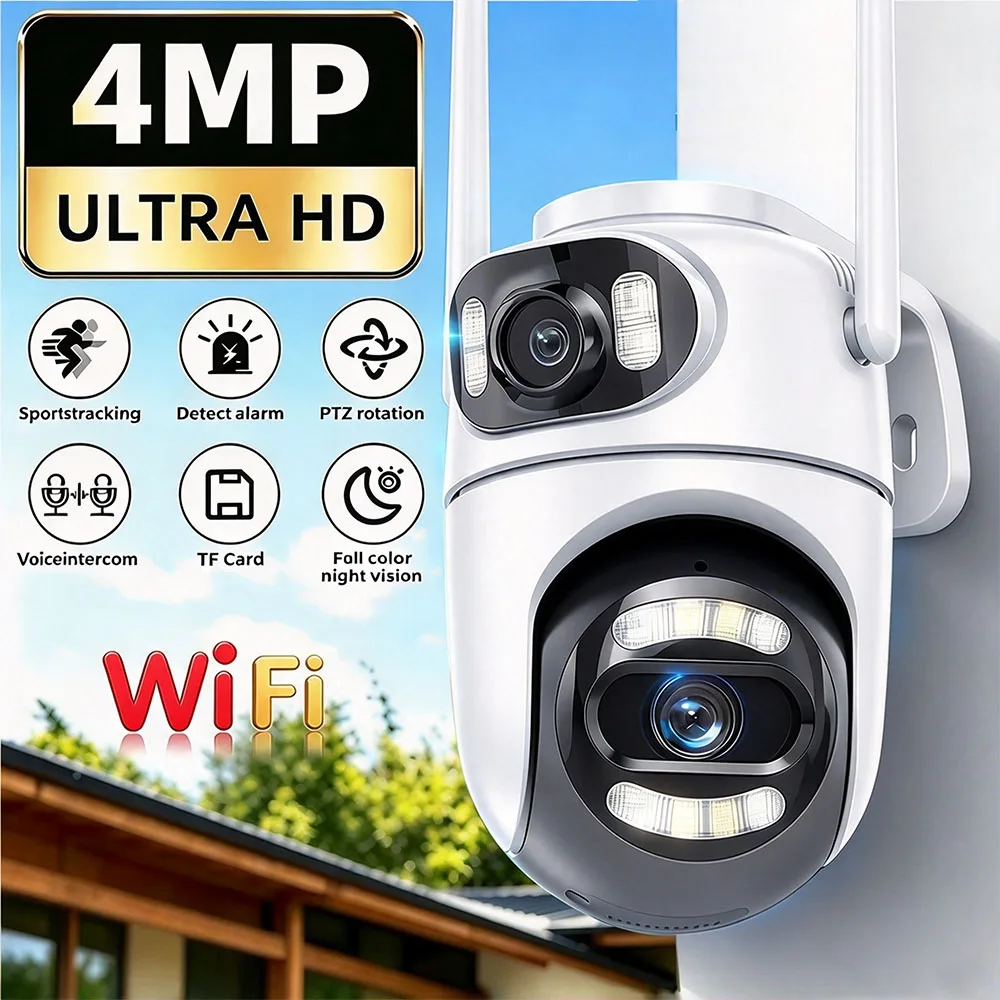 4MP WiFi Camera Outdoor Dual Screens Color Night Vision AI Auto Tacking 2MP CCTV Surveillance PTZ IP Camera Audio
