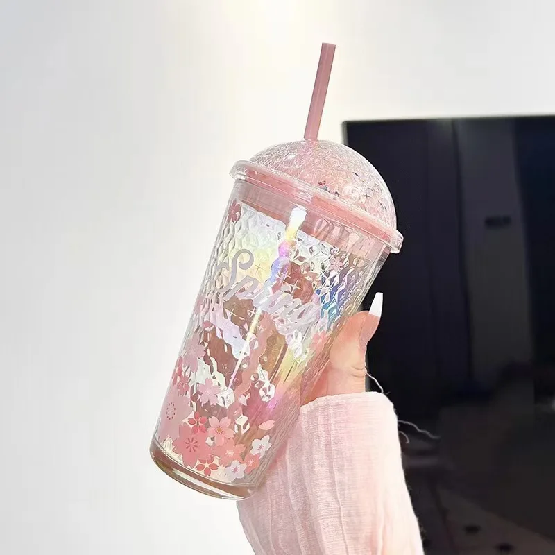 

Japanese Style Cherry Blossom Glass Straw Cup Glitter Dome Lid Iridescent Body With Measurement Marks Water Cup For Women Girls