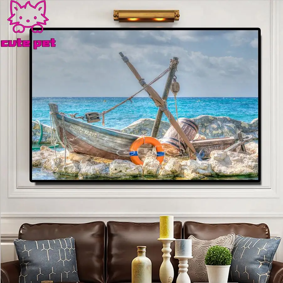 Landscape Sea 5D DIY Diamond Painting Scenery Boat Cross Stitch Diamond Embroidery Full Square round Rhinestone Home Decor Gift