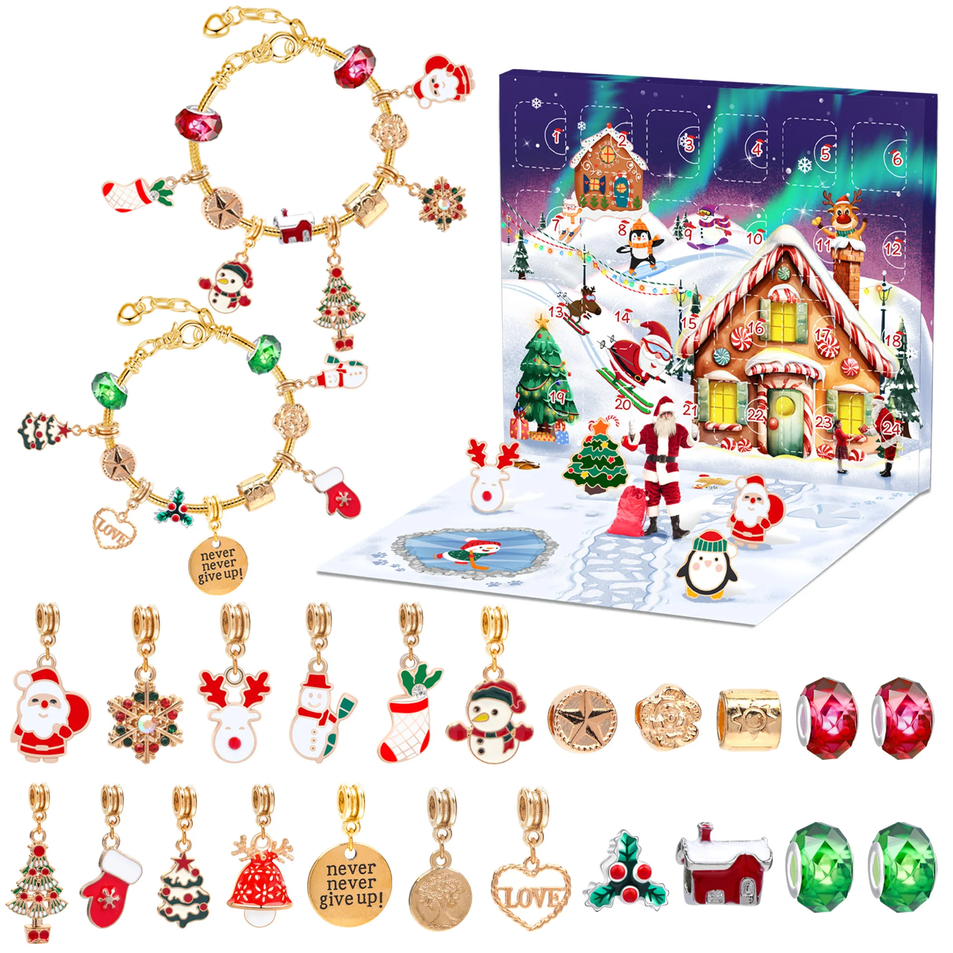 Kit per la creazione di gioielli fai-da-te 2024 Bracciale con calendario di Natale di Natale 24 giorni Set di braccialetti con calendario per il conto alla rovescia di Natale Capodanno