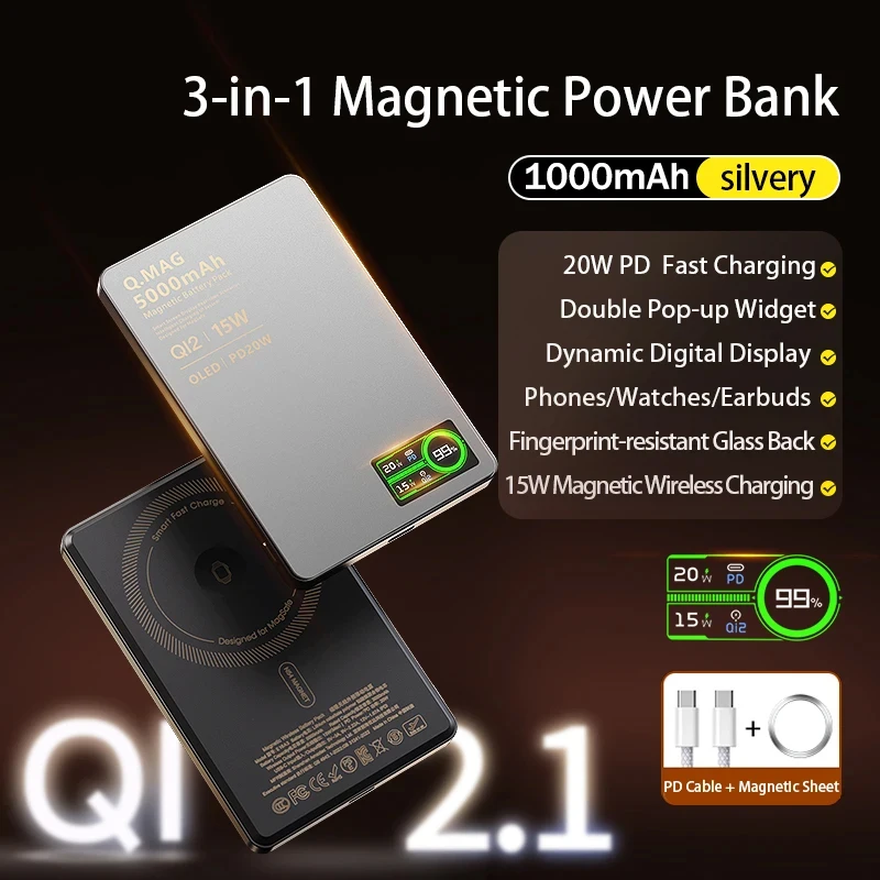 

Магнитный аккумулятор Power Bank 3 в 1 QI 15 Вт, беспроводная быстрая зарядка с интеллектуальным ЖК-экраном для iPhone 12-17 Pro Watch Airpods