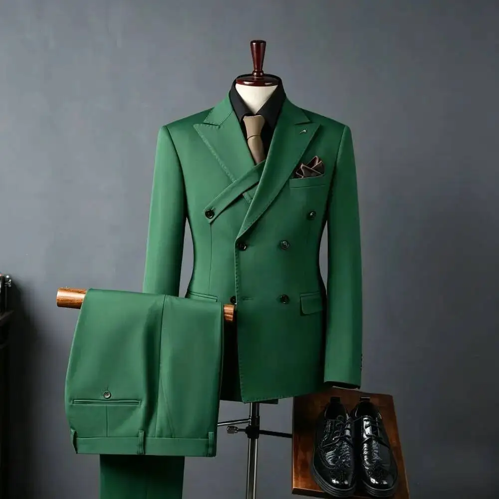 Mens 2 Piece Suits Camel Brown Double Breasted Slim Fit Wedding Tuxedo Cross Belt Blazer Peak Lapel Stitched Trim Customized