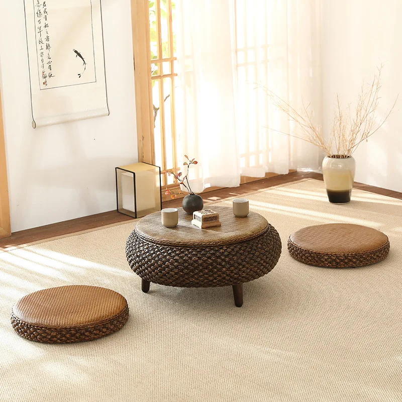 

Household Retro Rattan Coffee Table Japanese Style Simple Futon Cushion Solid Wood Window Service tables basses home furniture