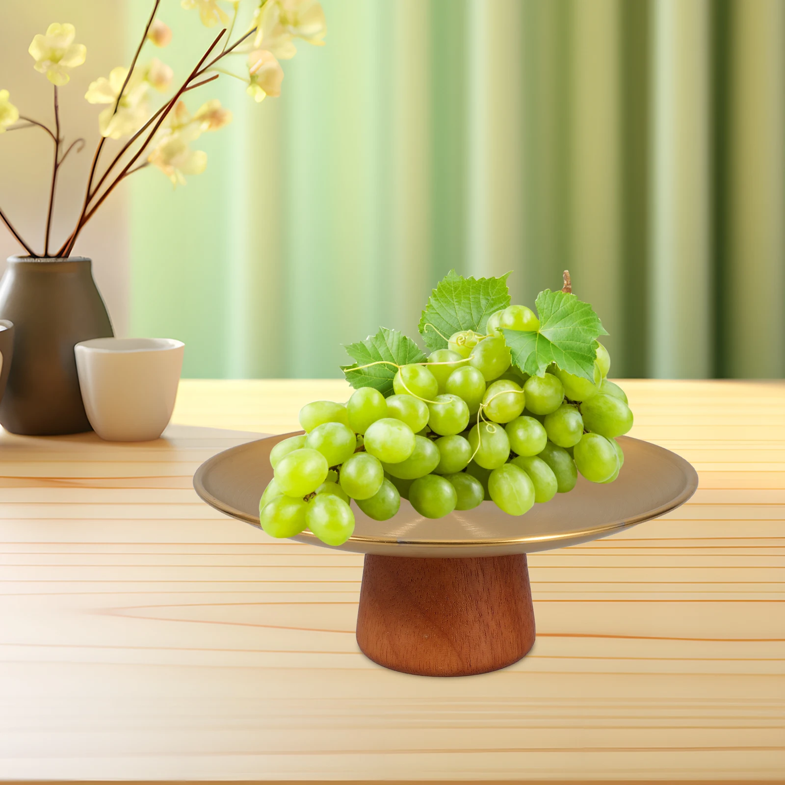 

Stainless Steel Fruit Bowl Tall Plate Modern Kitchen Decorative Footed Tray Round Fruits Dessert Snack Wooden Cake Display St
