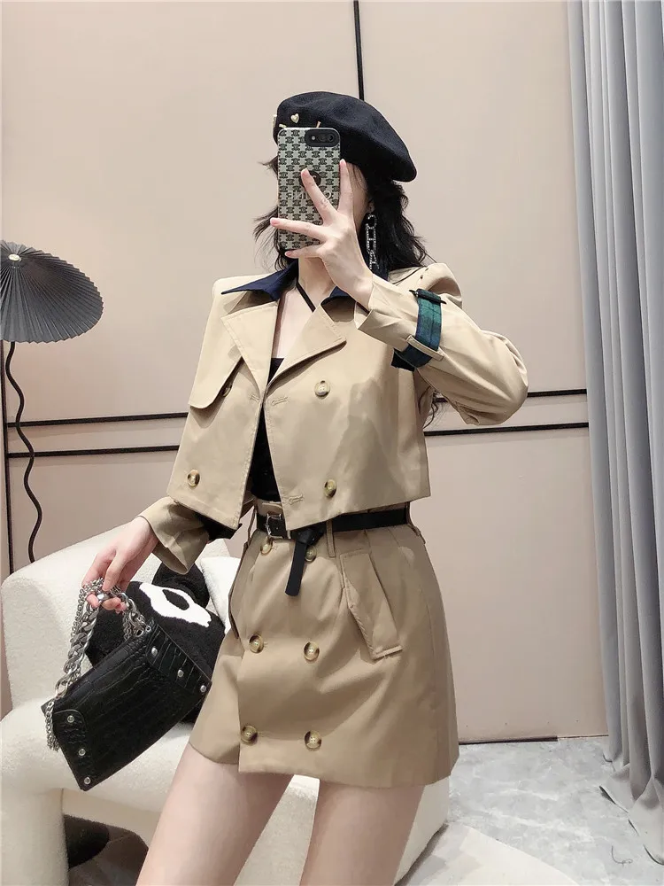 Fashion Casual Lapel Long Sleeve Khaki Blazer Jacket Short Retro Mini High Waist Double Breasted Skirt Suits Autumn Black Sets