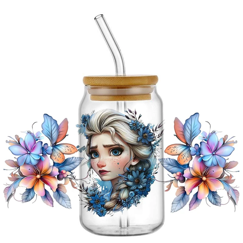 Miniso Princess Series Decal UV DTF Cup Wrap for 16oz Libbey Glass DIY Elsa Pattern Mug Self-adhesive Washable Transfer Sticker