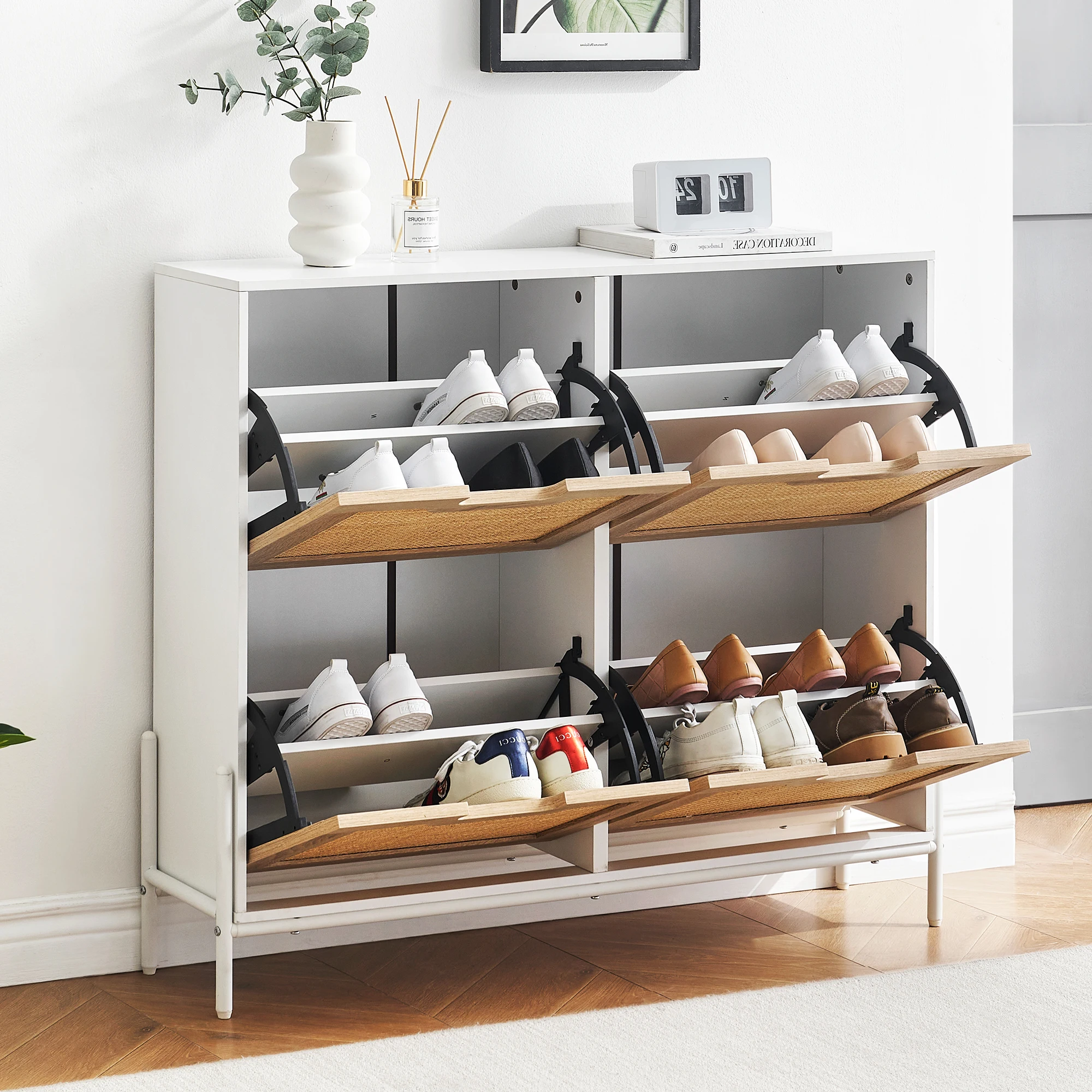 Natural Rattan Shoe Cabinet with 4 Flip Drawers, Entryway Hallway Free Standing Shoe Racks, Hidden Shoe Cabinet with Metal Legs for Heels, Boots, Slippers, Sneakers (White)