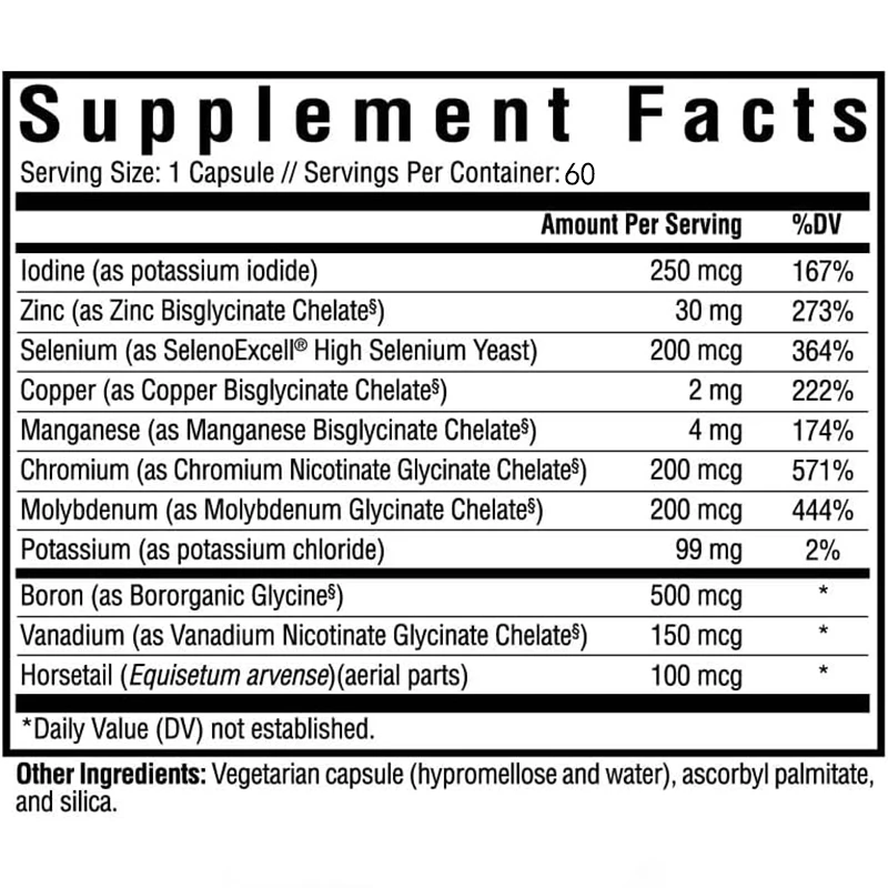 10 types of trace mineral supplements,including iodine,zinc,copper,manganese,potassium,and horsetail extract, in 60 capsules