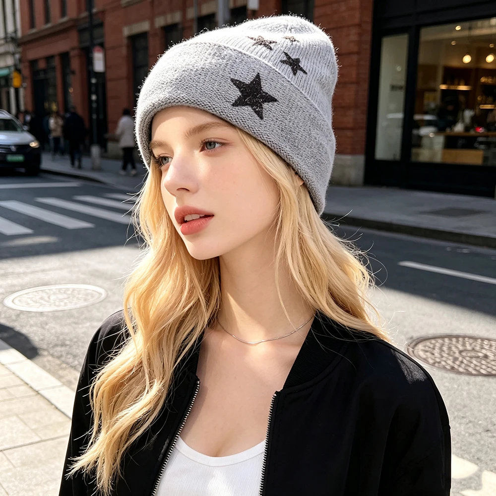 Jaxmonoy Wool Beanie Hat for Women Fashion Star Pattern Winter Beanies Double Folded Warm Outdoor Skull Cap Casual Knitted Hats