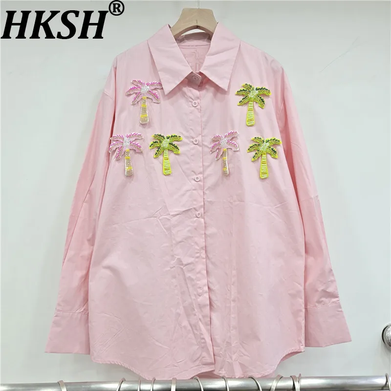 

HKSH Autumn New Women Chic Shirt Turn-down Collar Long Sleeve Single Breasted Beaded Decorative High Street Tide Ins Tops HK9489
