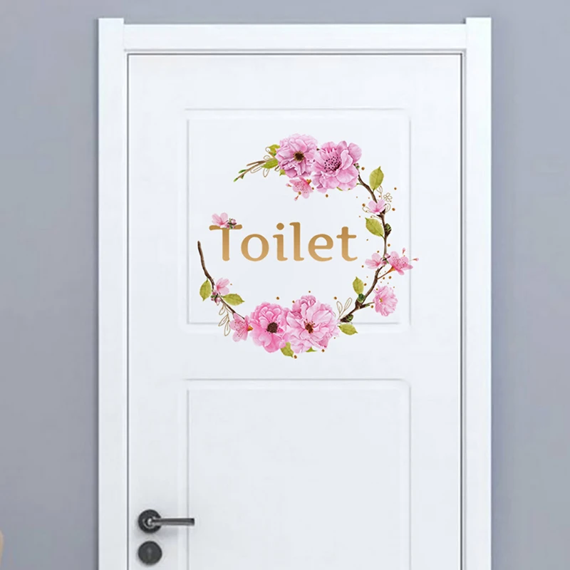 Pegatinas de pared de puerta de inodoro de flores para lugar público, decoración del Hogar, baño, inodoro, WC, letrero de entrada, calcomanías de pared, arte de vinilo, decoración de inodoro
