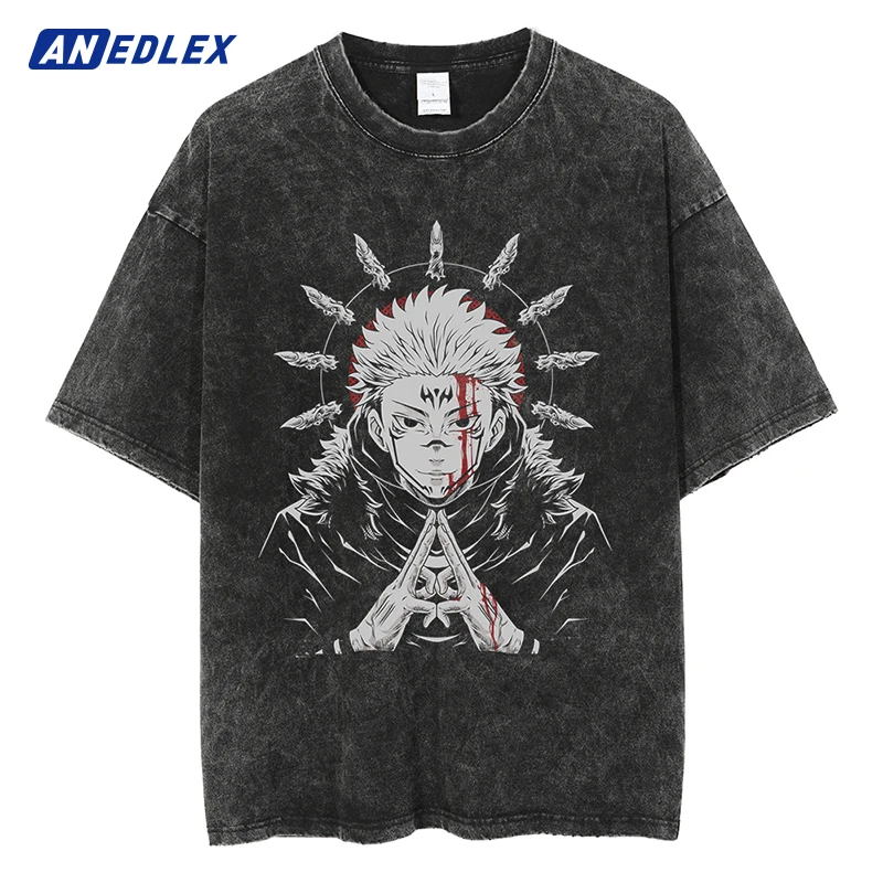 

Men Streetwear Black Washed T Shirt Japanese Anime Print T-Shirt Vintage Tops Hip Hop Harajuku Cotton Summer Short Sleeve Tshirt