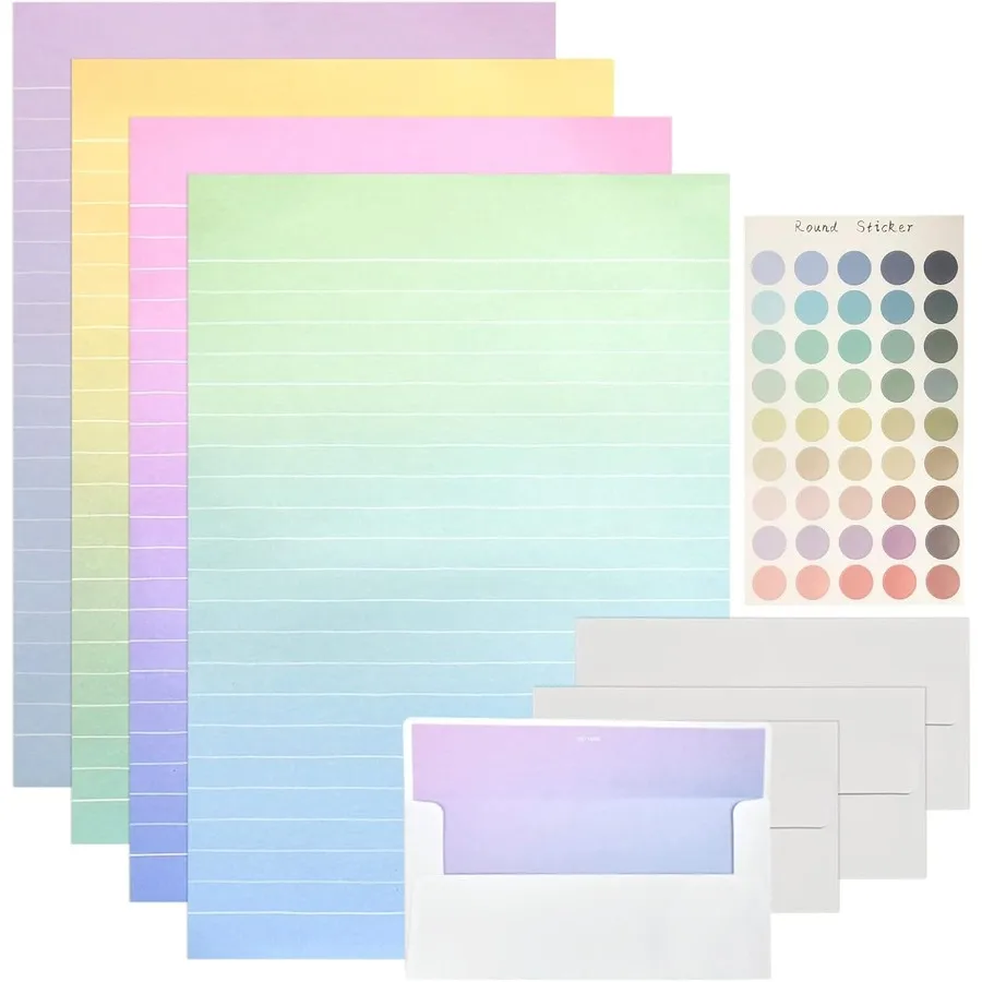 مجموعة 48 قطعة من الورق والمغلفات الورقية الملونة مع 32 ورقة كتابة الحروف المبطنة و16 ظرفًا وملصقاتًا في شركة Gradient Co