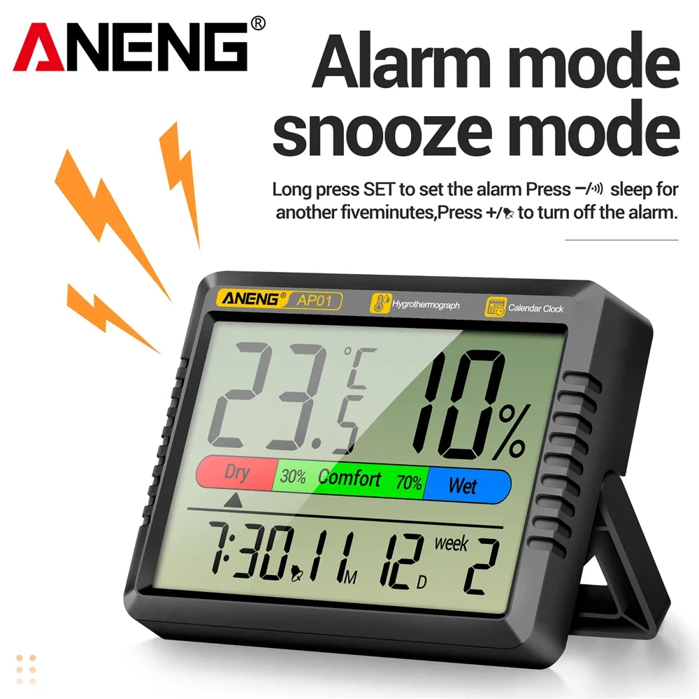 ANENG AP01 Medición multiescena Pantalla de alta definición Termómetro de aire digital Higrómetro Termohigrómetro Reloj electrónico