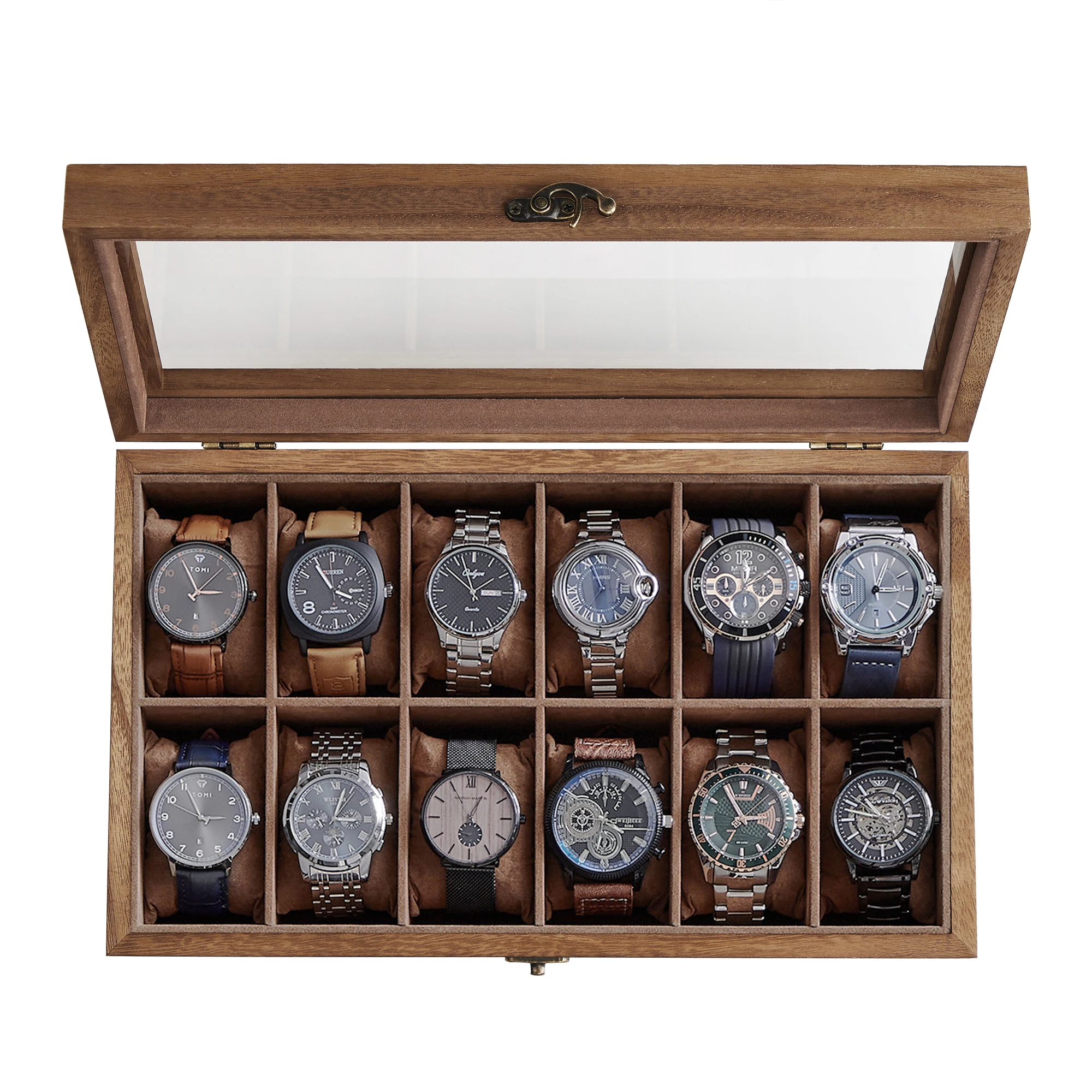 SONGMICS Watch Box, 12-Slot Watch Case, Solid Wood Watch Box Organizer with Glass Lid, Watch Display Case with Removable Pillows