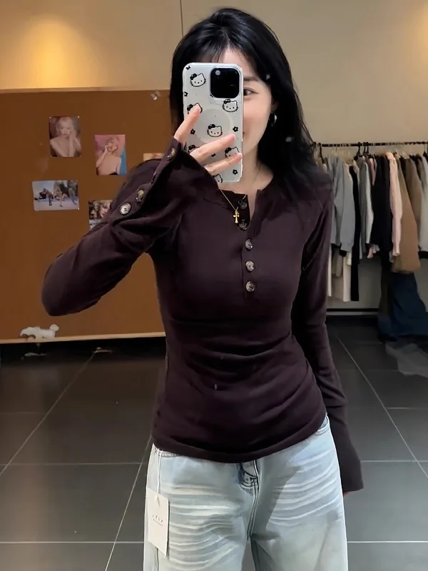 

Женский длинный све све Henley Ne на пуговицах, облегающий внутренний топ, модный осенний дизайн с затягивающимся талией больших размеров