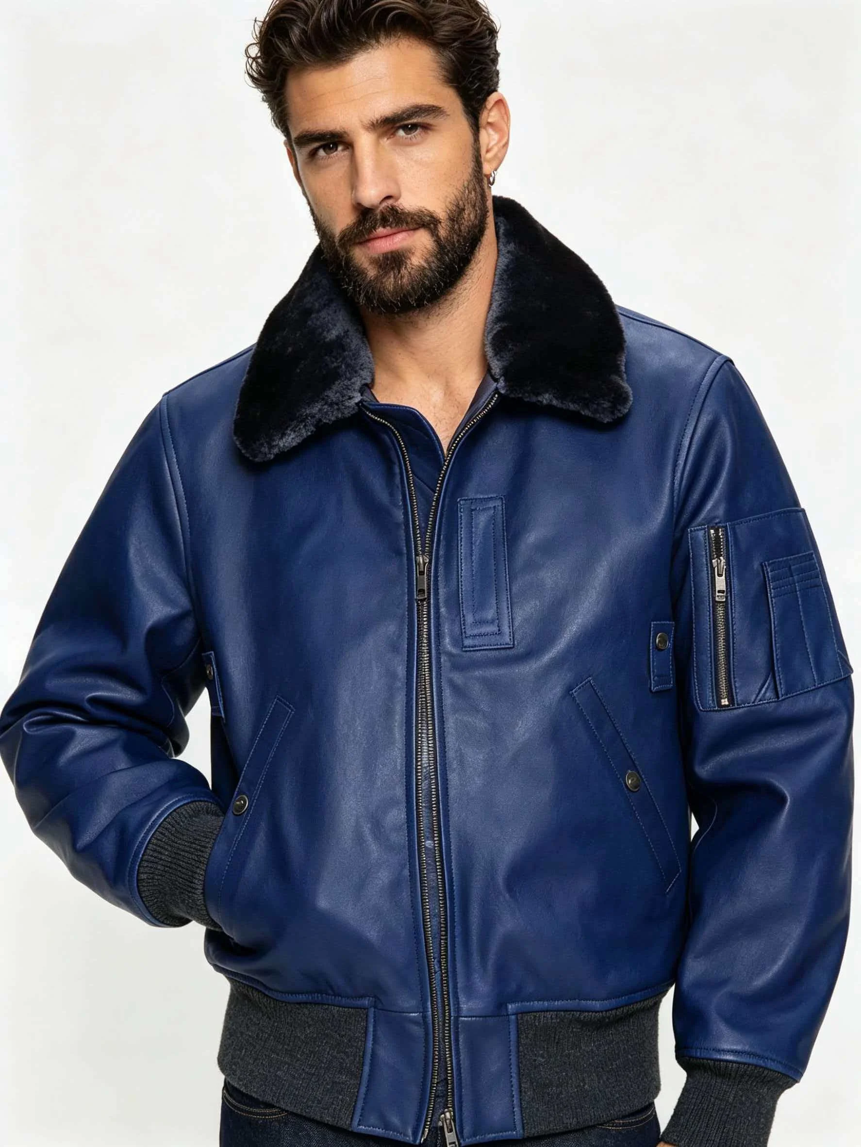 Blue Winter Pilot Leather Jacket Men Military Style Plus Size 5XL Genuine Natural Horsehide Retro B15 Flight Coat