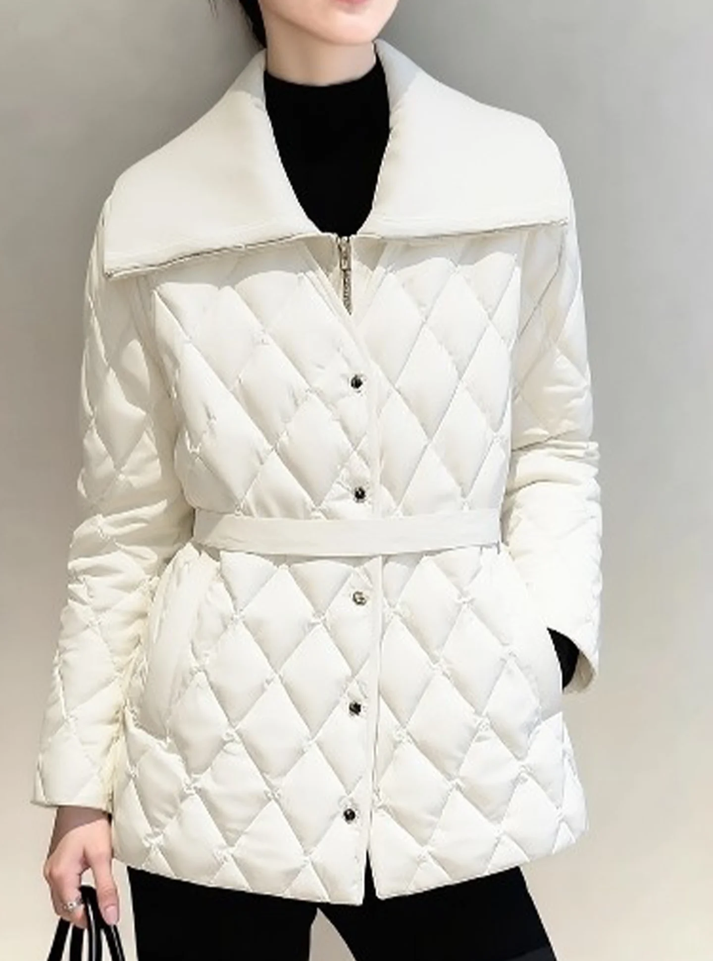 Sli White Diamond Pattern ort Women's down Jaet 2025 New Winter Thi Outerwear Ele Sle Regular Fit Long Sve
