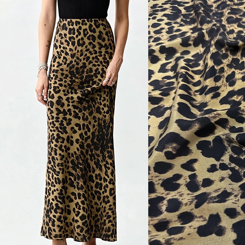 Black Leopard Printed Stretch Brown Silk Crepe de Chine Fabric for DIY Sewing Summer Soft Pants Dress Pajamas Silk Fabric FR7071