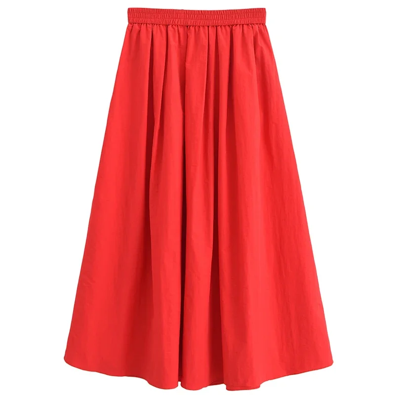 TRAF Women\'s Skirt Summer 2024 Pleated Solid Skirts Fashion Midi Poplin Red Black Mid Waist Skirt Elegant Long Skirts For Women