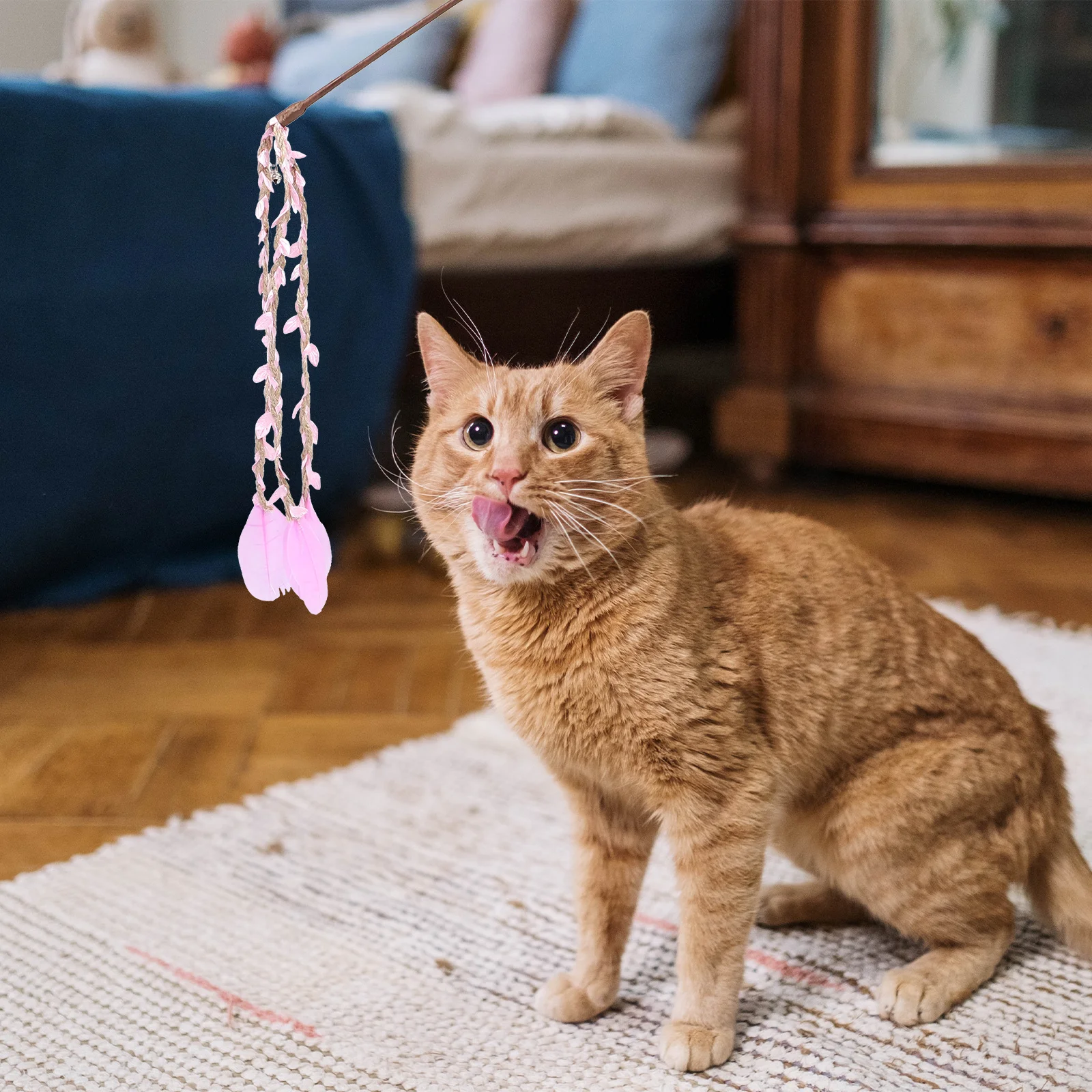 

Cat Teaser Interactive Fishing Rod Play with Bells Wooden Stick Kit for Cats