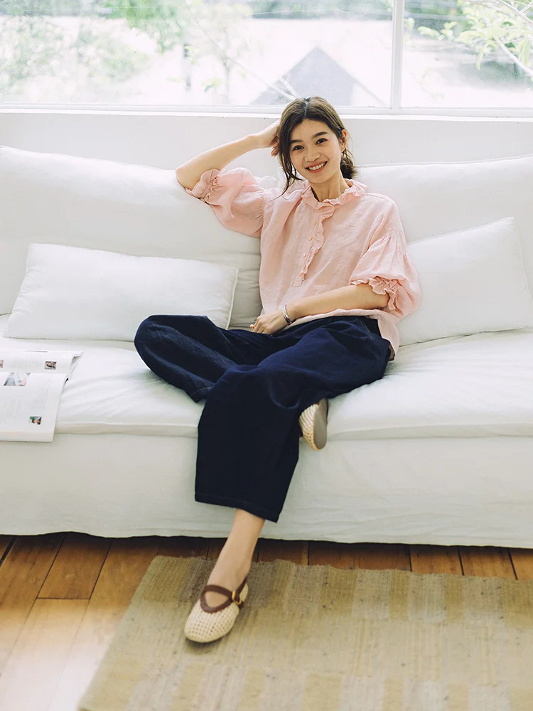 Blooming 400 Flowers Han Han Han Flax Ruffle Collar Pink mid Sleeve Shirt Casual Loose Fit Breathable Seven Button Closure