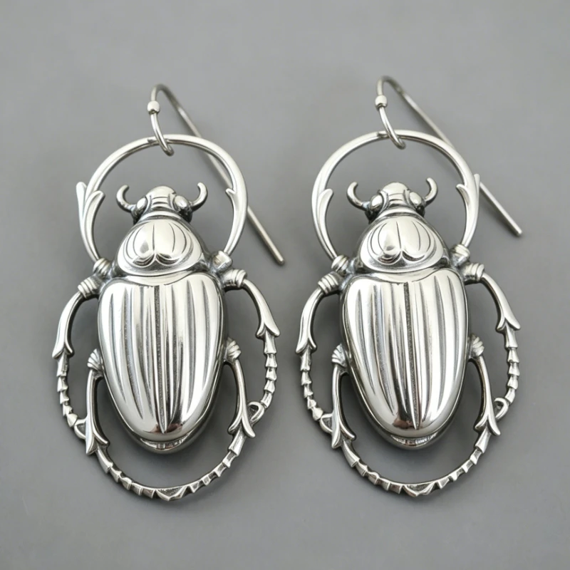 Creative Vintage Scarab Shaped Silvery Plated Dangle Earrings Women's Unique Style Festival Celebration Jewelry Accessories Gift
