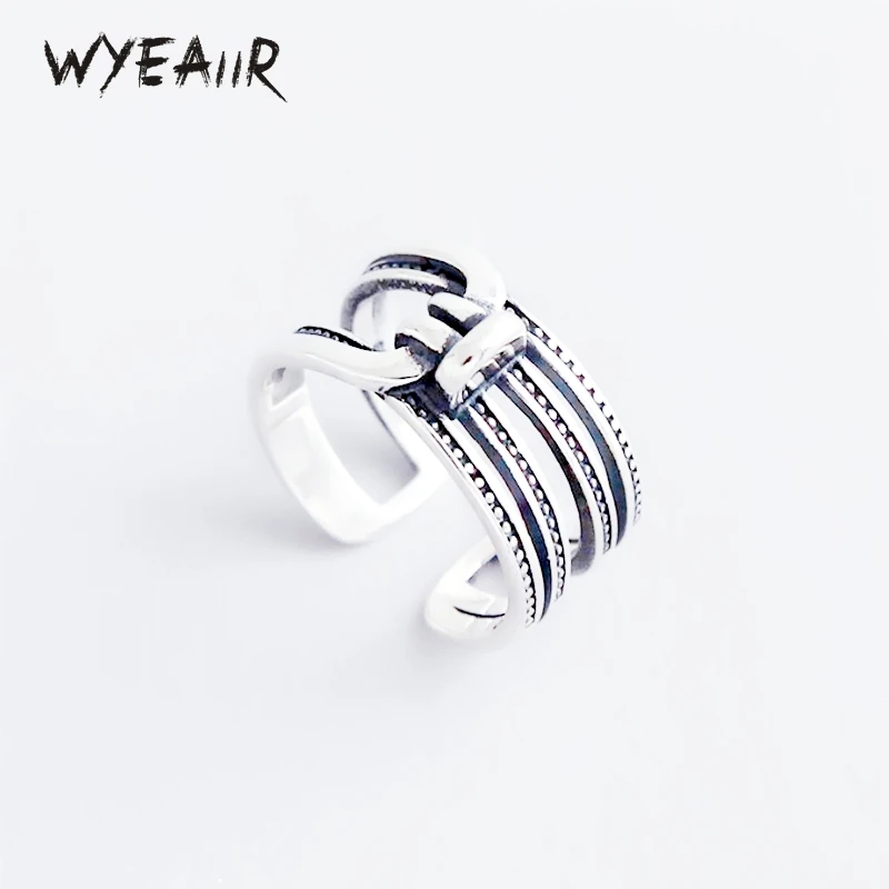 WYEAIIR 925 Sterling Silver Multi-Layer Geometric Retro Thai Silver Line Bow Resizable Opening Ring For Women Luxury Jewelry