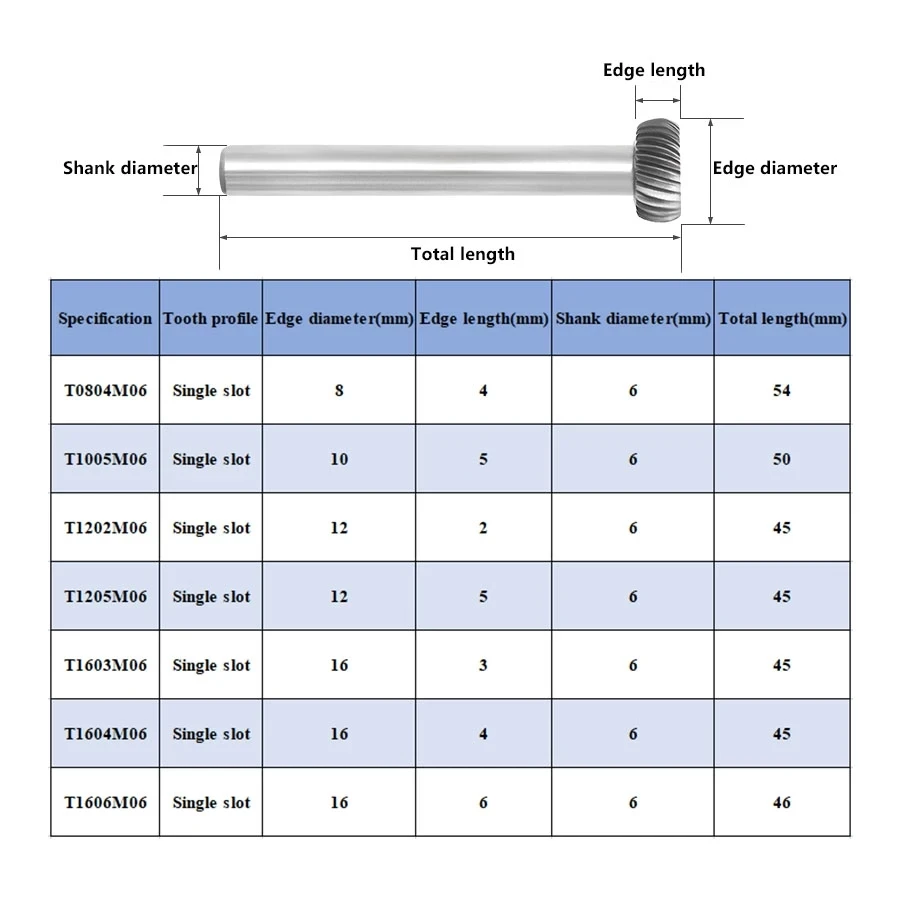 T Type 6mm Circular Disc Shape Tungsten Steel Metal Arc Flat Head Grinding Head Milling Cutter Carving Tools Carbide Rotary File