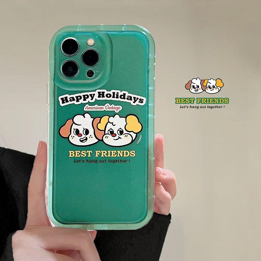 Green Vintage puppy dog brother friends art Cartoon Phone Case For iPhone 16 15 14 13 12 Pro Max 16 Plus Case Cute Clear Cover