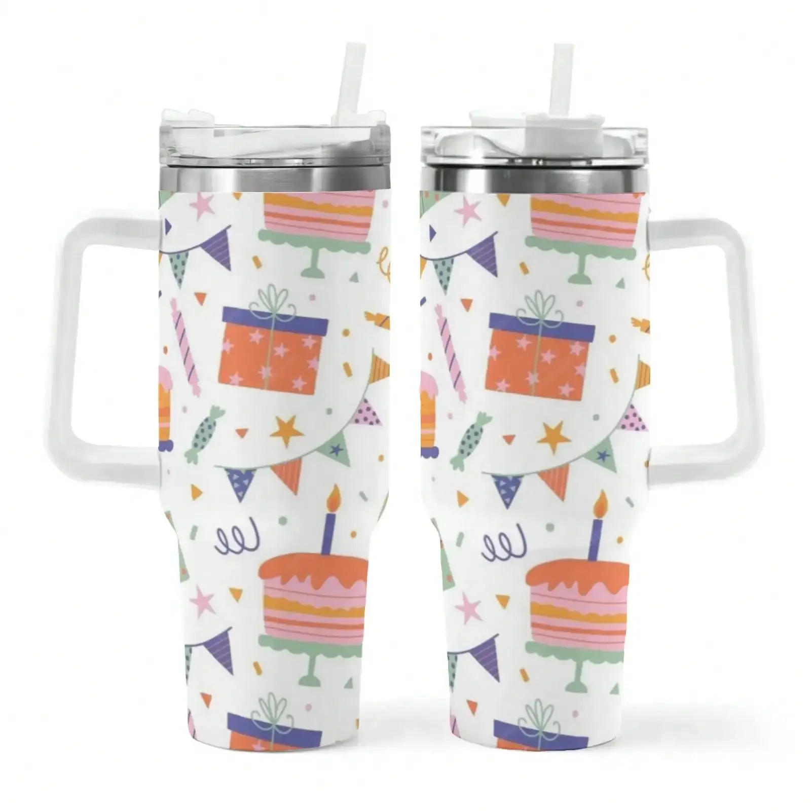 40oz Birthday Cake Gift Box Party Flag Candy Star Confetti Repeat Print Stainless Steel Tumbler With Handle Straw Lid 24 Hours Cold Insulated Travel Water Cup