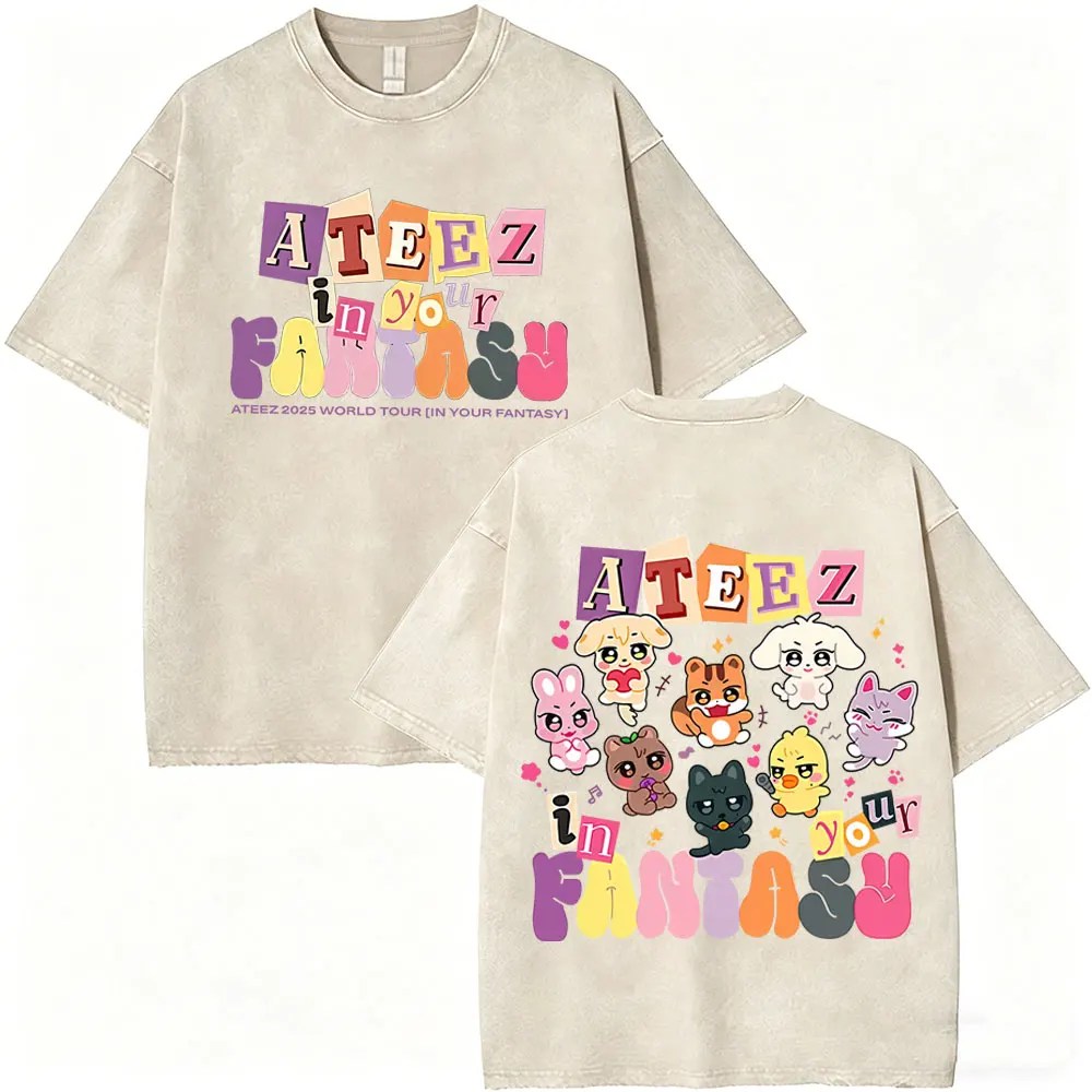 Washed Vintage Korean Kpop Ateez 2026 World Tour in Your Fantasy T Shirts Men Women Casual Funny T-shirt Male Oversized T-shirts