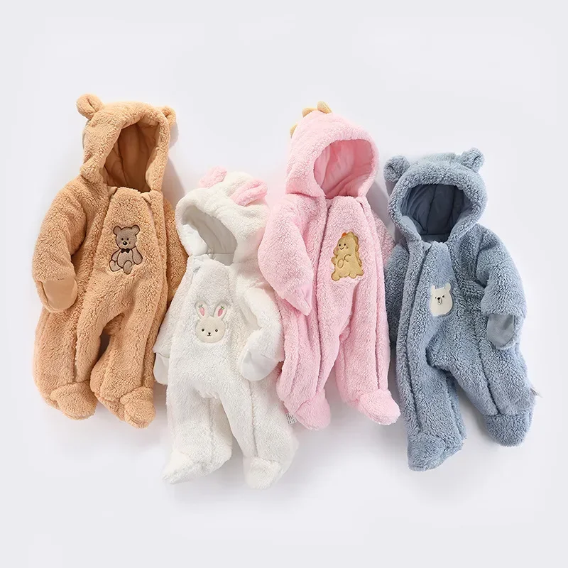 Winter Newborn Baby Jumpsuit Warm Hooded Infant Romper Thicken Plush Boys Long Sleeve Clothing Cute Cartoon Baby Girl Clothes