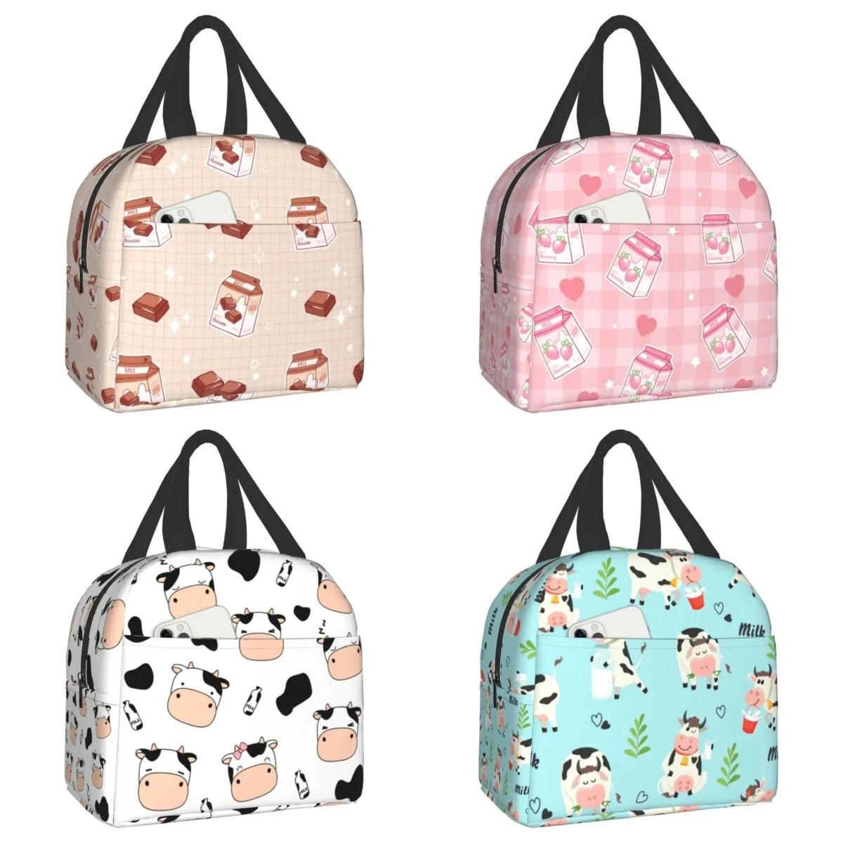 Fiambrera con estampado de vacas de granja y botellas de leche, bolsa de almuerzo de aislamiento pequeña Kawaii, bolsa de comida reutilizable,