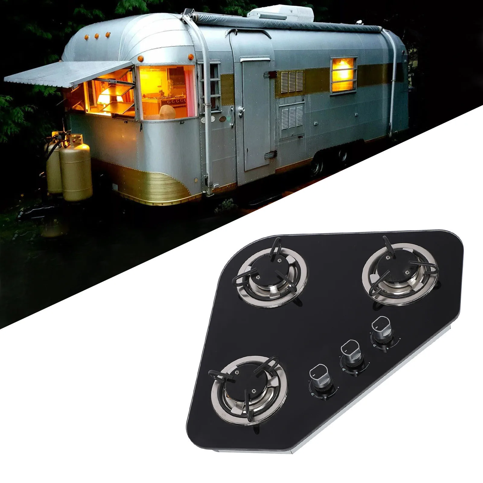 Estufa de gas Panel de vidrio templado Acero inoxidable 3 quemadores 1.8Kw Estufa de gas para barco Caravana RV Camper