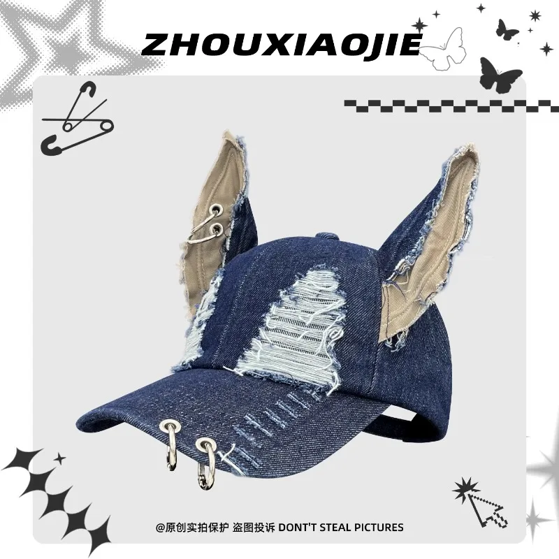 

Design Wasteland Style Y2k Funny Dog Ears Ripped Denim Baseball Caps for Women Street Trend Versatile Personality Men's Hats