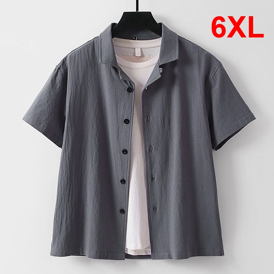

Summer Short Sleeve Shirt Men 6XL Plus Size Linen Shirts Fashion Casual Solid Color Shirts Male Big Size 6XL
