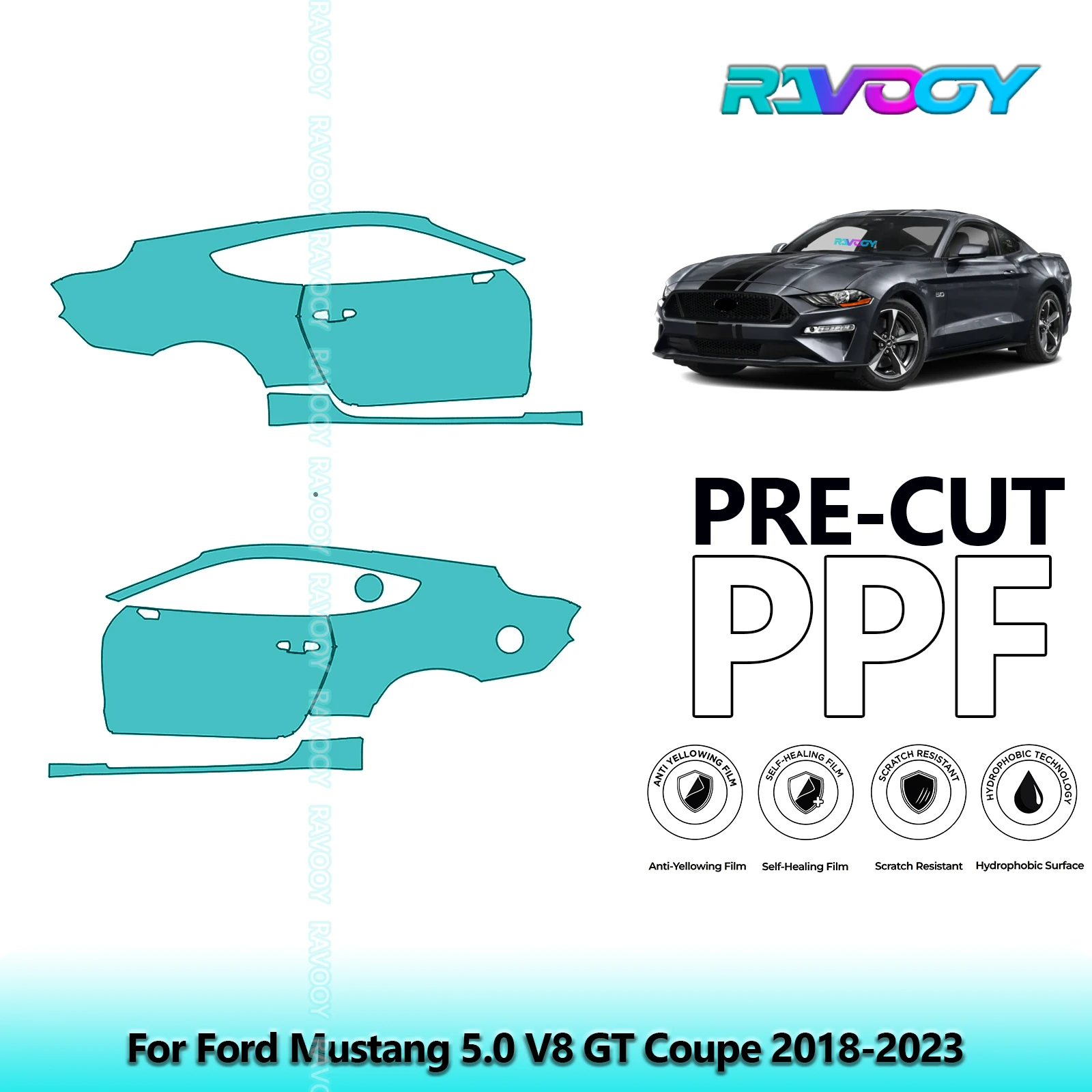 

For Ford Mustang 5.0 V8 GT Coupe 2018-2023 8.5mil Clear Matte Pre-Cut PPF Door & A/B Pillar Kit TPU Paint Protection Film Set