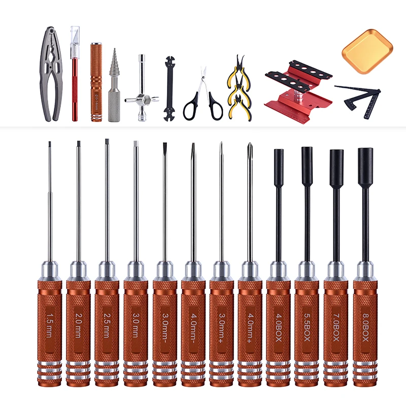 

Orange Round Handle 24 Piece Tool Kits Hex Screwdriver Hole Opener Pliers Ruler Scissors Wrench For RC Drone Boat Car TH22872