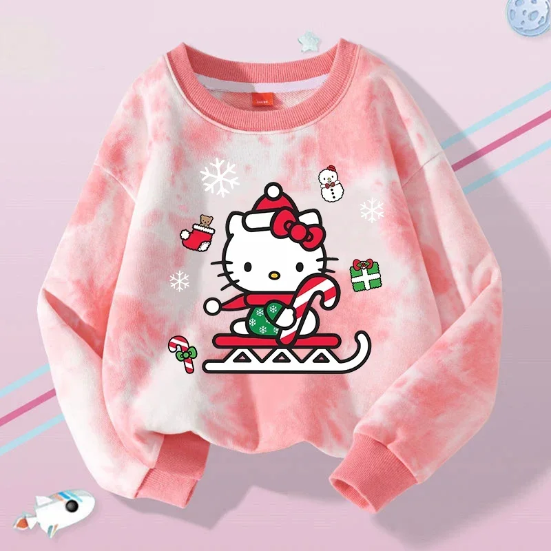 Sanrio HelloKitty Children's Hoodie Sweatshirt Cartoon Round Neck Hoodie Girl Casual Sports Top Tie Dye Long Sleeved T-shirt