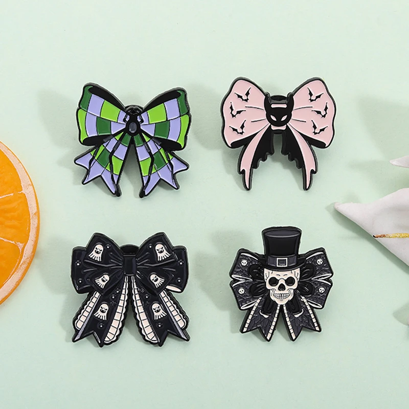 Pink Bowknot Stethoscope Enamel Pins Gothic Halloween Bow Spooky Skeleton Dark Romantic Brooches  Lapel Badges Jewelry Gifts